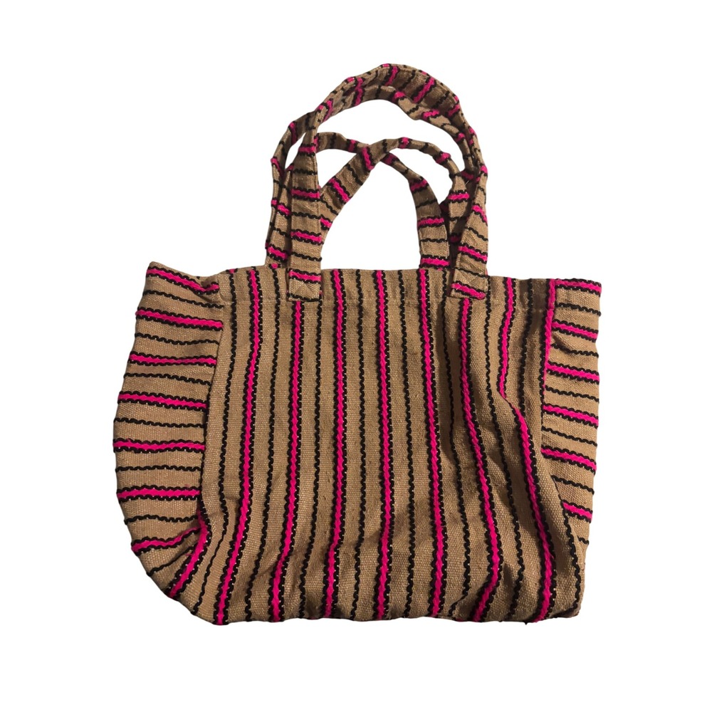 Nalini Tote Bag Woven Striped Tan Neon Pink Black Boho Shoulder Bag Large